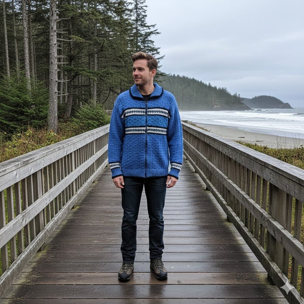Men's Blue Hand Knit Zip Up Sweater